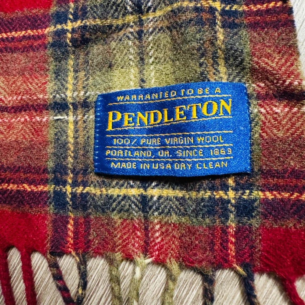 Pendleton Red Green Plaid Wool Scarf Made in USA Virgin Wool Fringe Trim